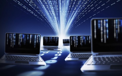 binary code and laptops